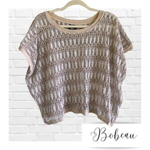 Bobeau Neutral Open Knit Lace Short Sleeve Tan Top Women’s M L Boho See Through